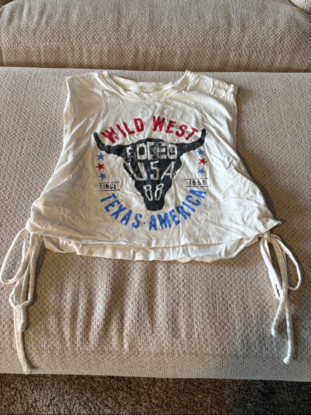 Juniors Wild West Rodeo USA Graphic Crop Top - White with Red & Blue